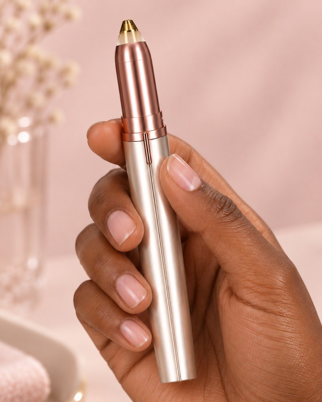 The uncapped brow trimmer held upright in one hand, slim as a pen