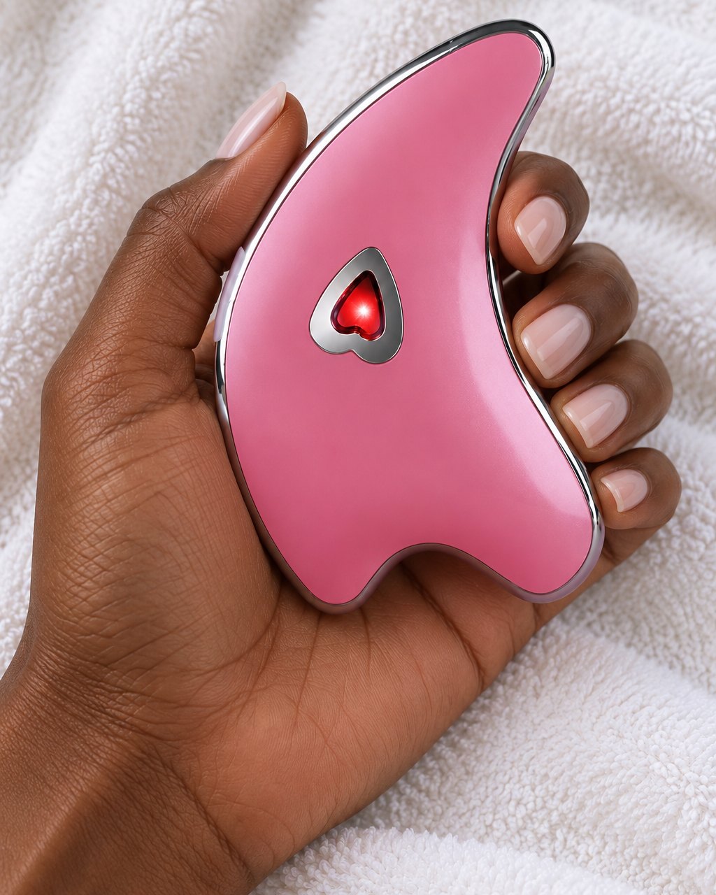 Pink gua sha held in one hand, fitting within the palm