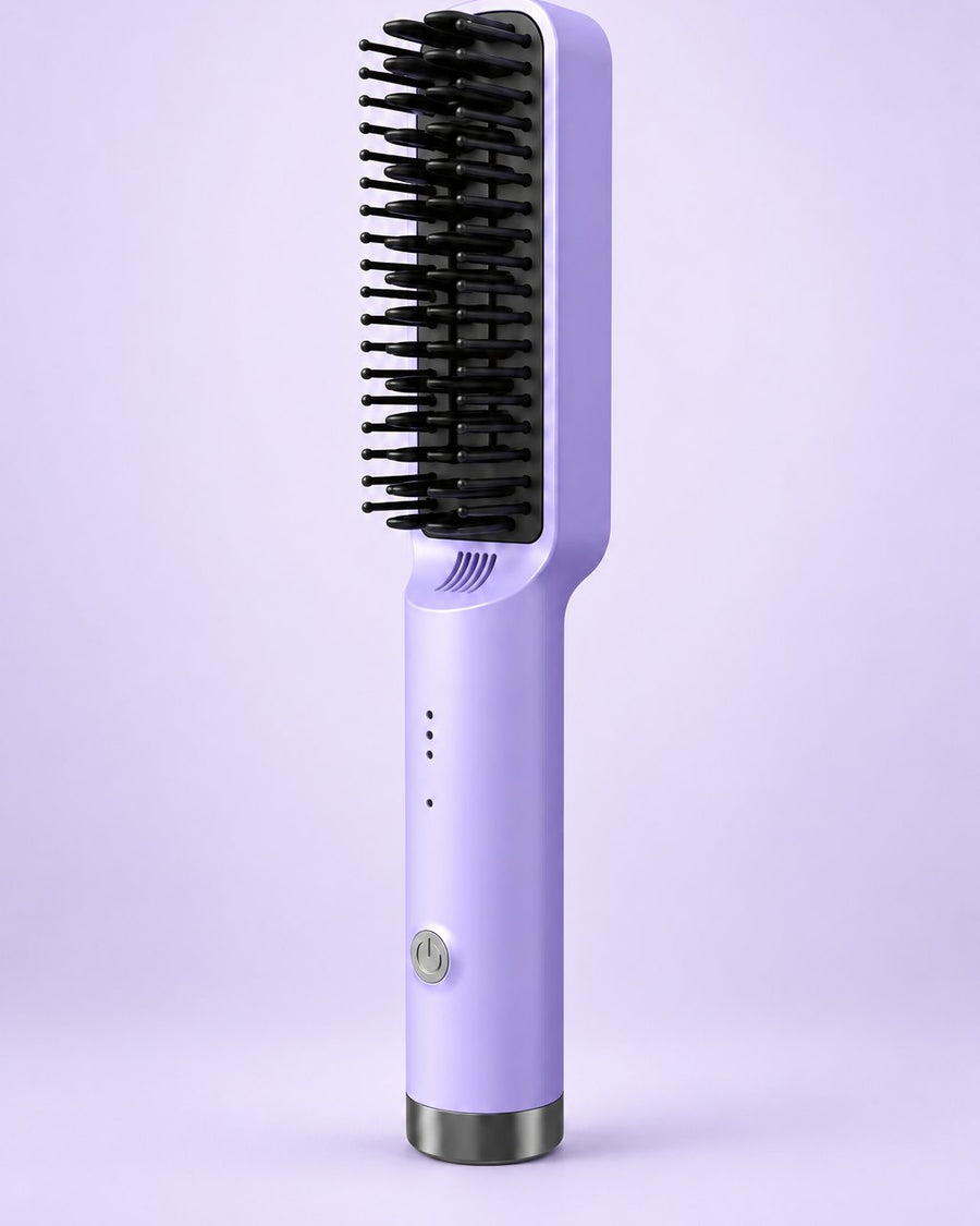 Purple heated straightening brush with black bristles