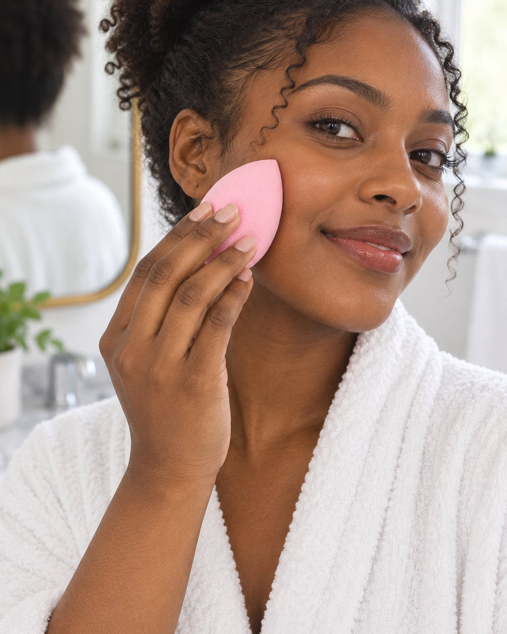 Woman pressing foundation onto her cheek with a pink teardrop sponge