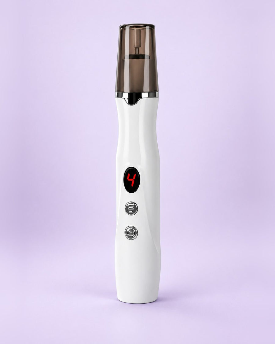 White nail polishing pen with tinted cap and red digital display