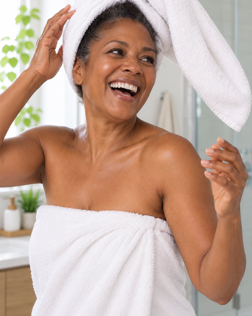 A woman laughs as a heavy bath towel turban slides off her head