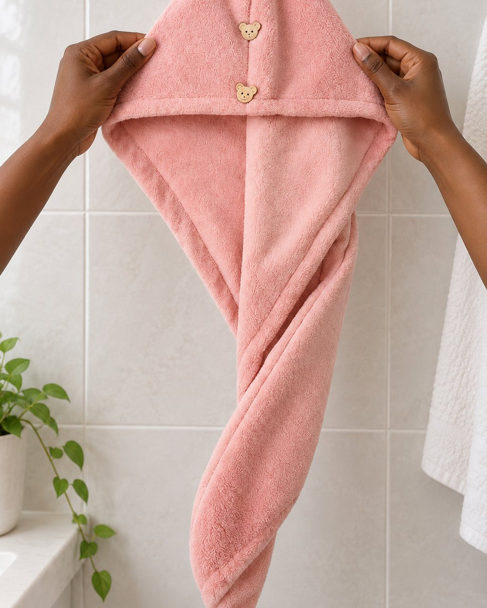 Two hands hold the towel wrap up flat, showing its full length and hood
