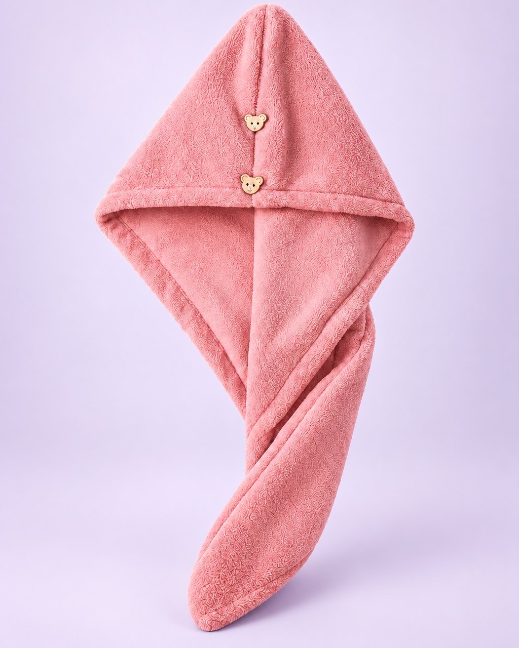 Pink double-layer hair towel wrap with two small bear-shaped buttons