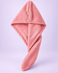 Pink double-layer hair towel wrap with two small bear-shaped buttons