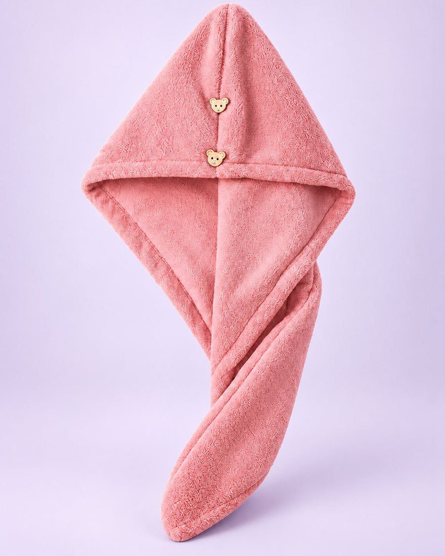 Pink double-layer hair towel wrap with two small bear-shaped buttons