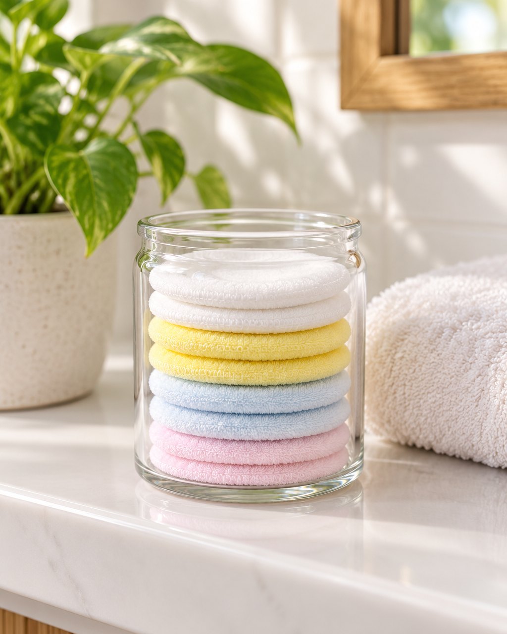 Stack of reusable rounds in a glass jar on a bathroom shelf