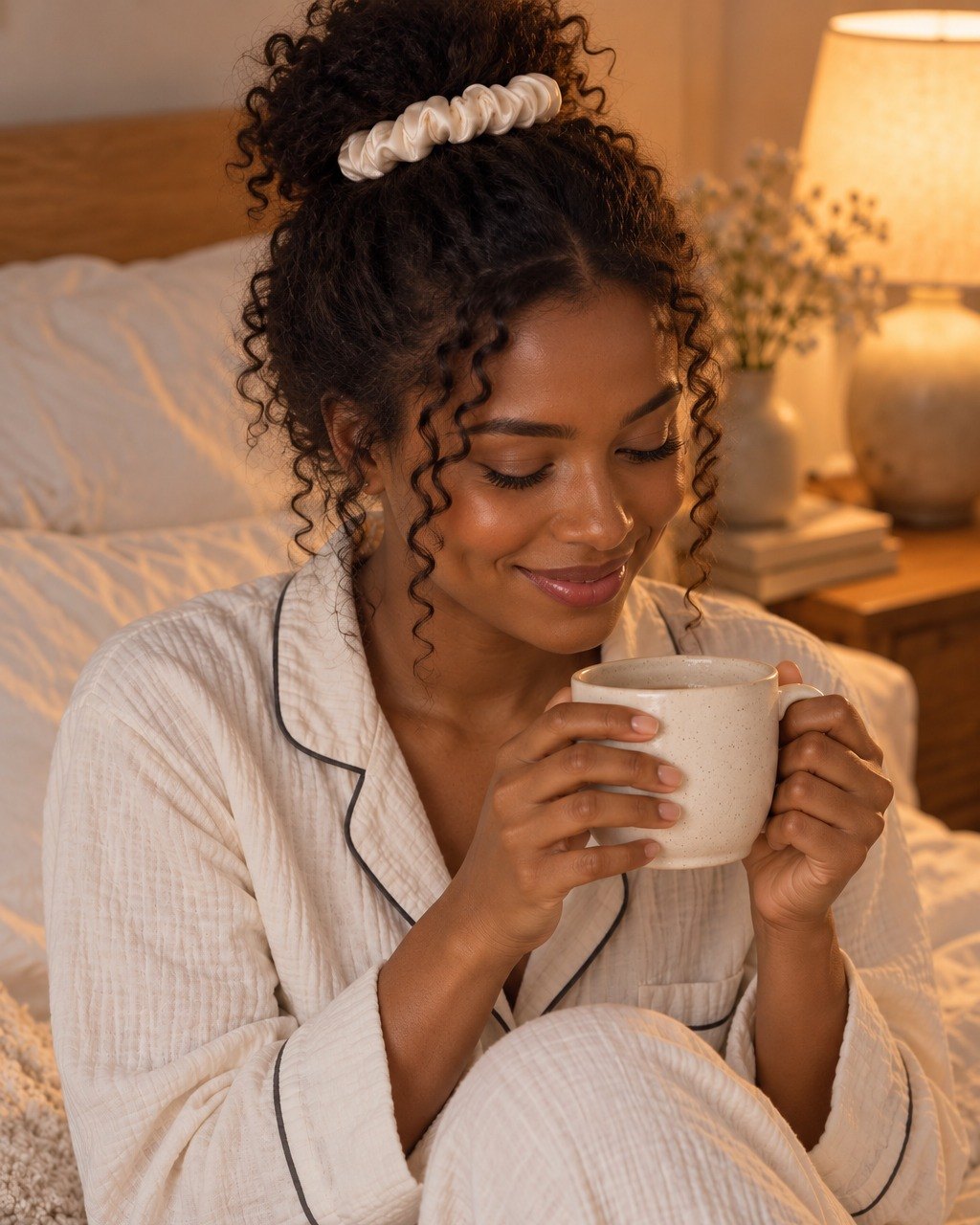 Woman in pyjamas with a loose bun held by a cream scrunchie