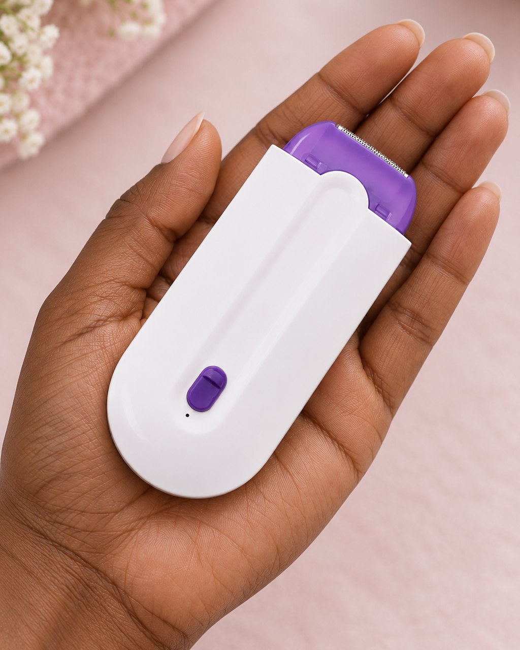 The hair remover held in an open palm, showing its small size