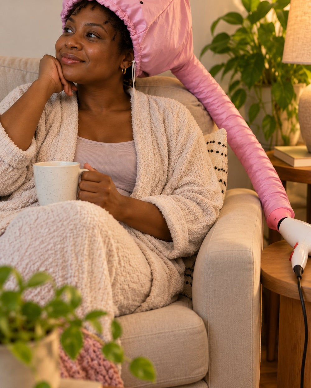 Woman relaxing on a sofa wearing the pink bonnet hood attached to a hair dryer
