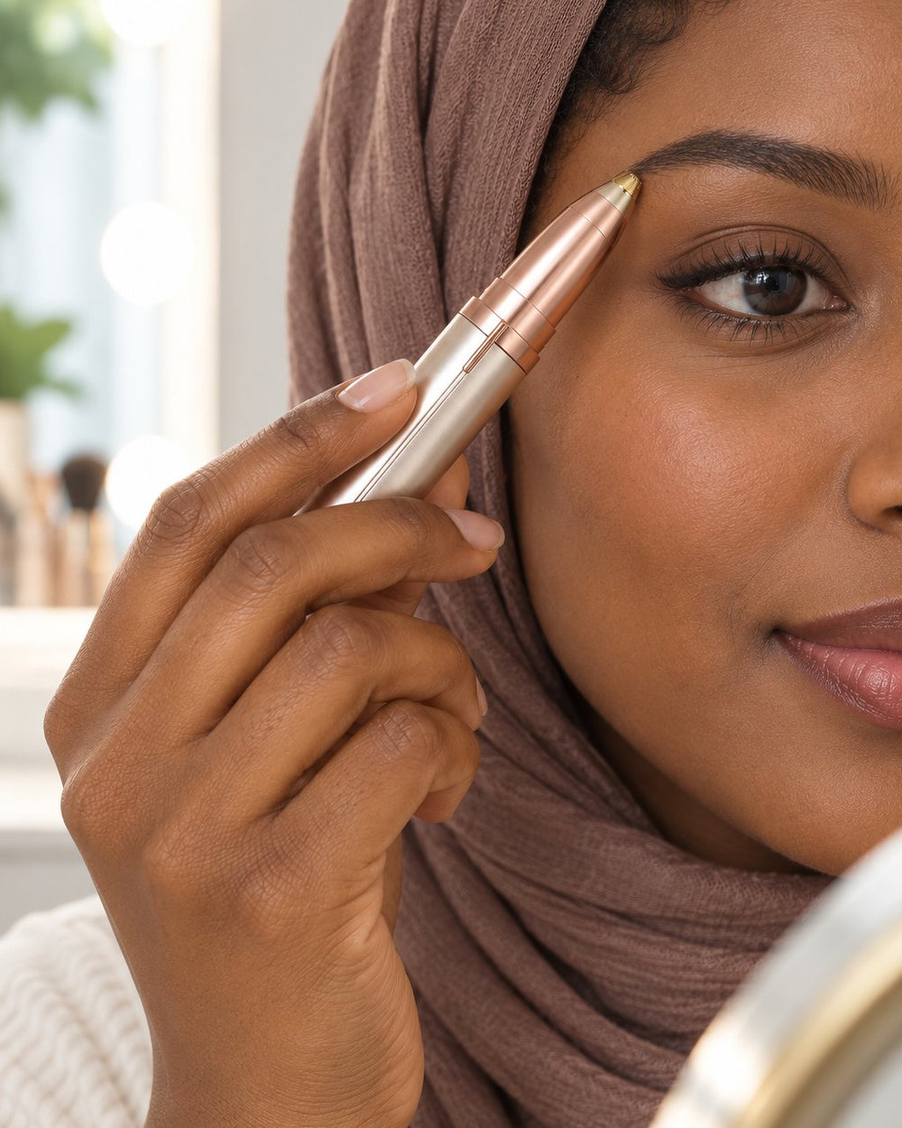 Woman gliding the brow trimmer along the lower edge of her eyebrow