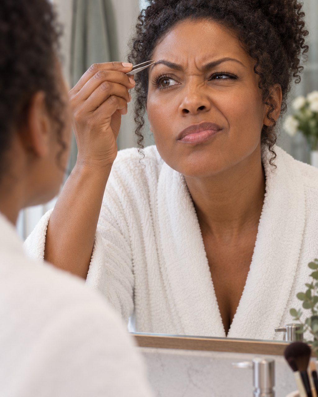 Woman squinting at stray brow hairs in a mirror, tweezers in hand