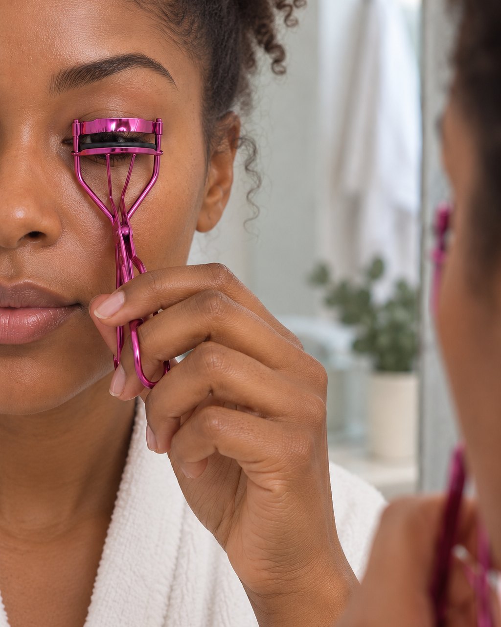Woman curling her upper lashes with the pink metal curler in a mirror