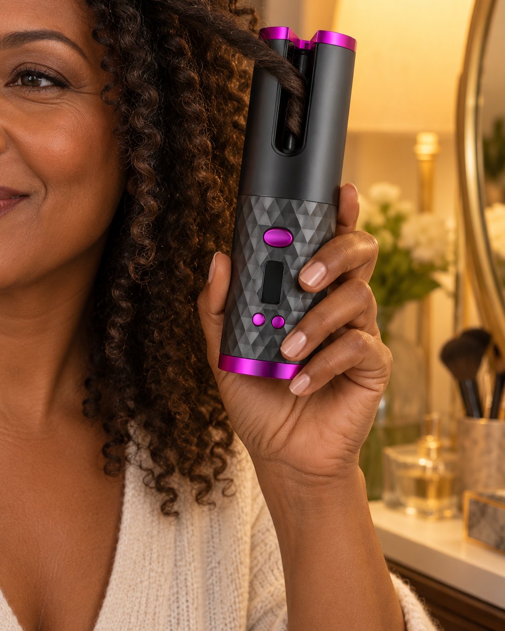 A woman lays a section of hair across the curler's slot near the side of her head