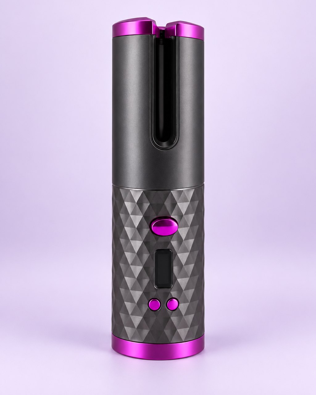 Grey cordless automatic curler with berry-pink trim