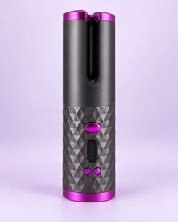 Grey cordless automatic curler with berry-pink trim
