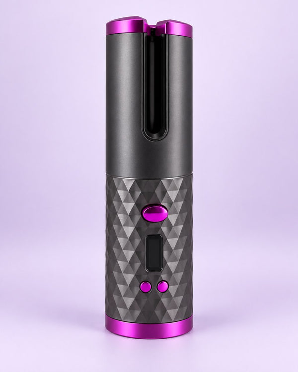 Grey cordless automatic curler with berry-pink trim