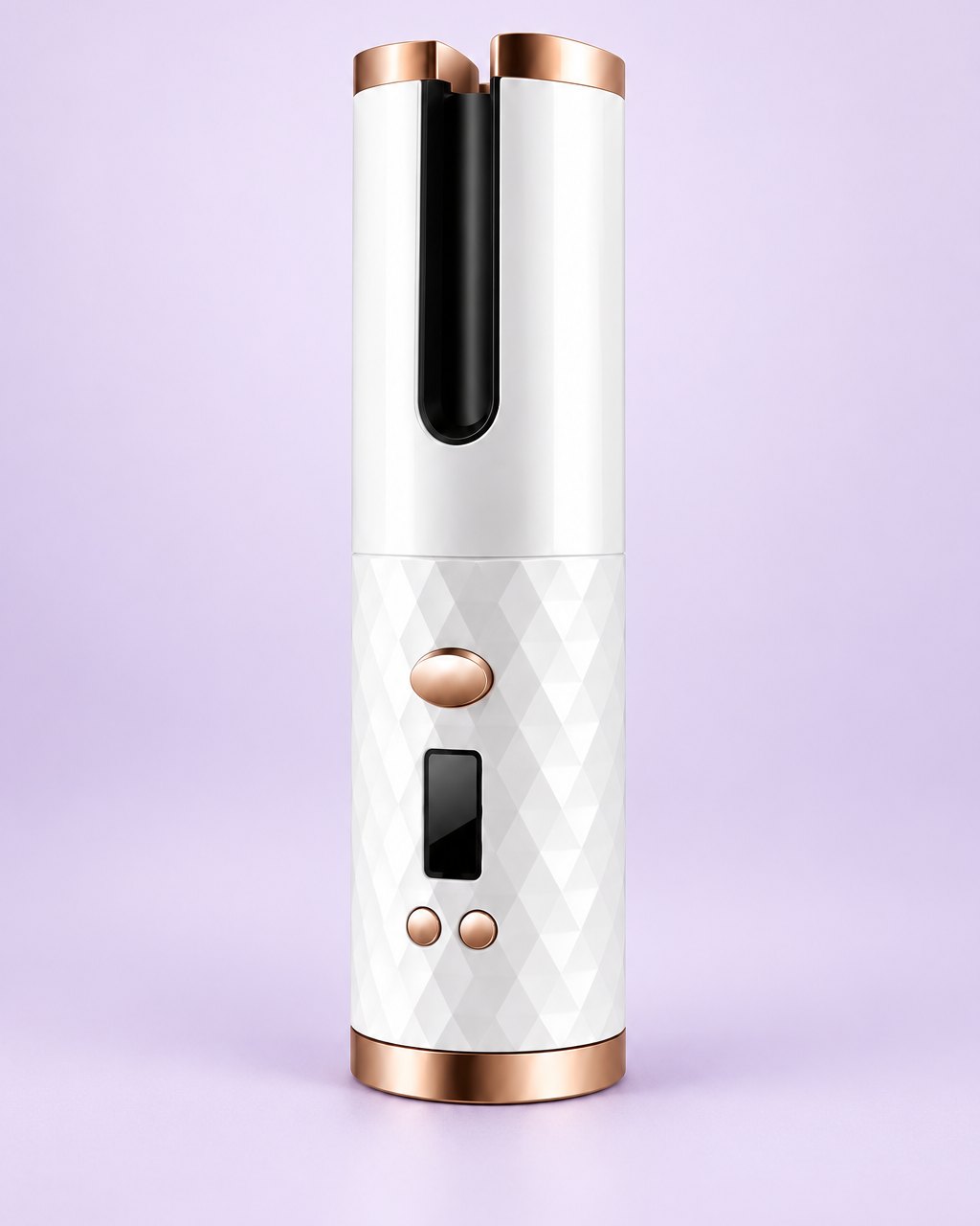 White cordless automatic curler with gold-tone trim