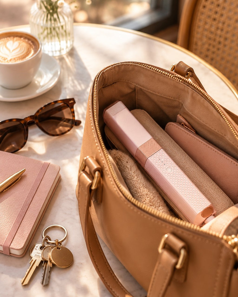 Capped pink mini flat iron in an open handbag next to keys and sunglasses on a cafe table