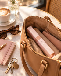 Capped pink mini flat iron in an open handbag next to keys and sunglasses on a cafe table
