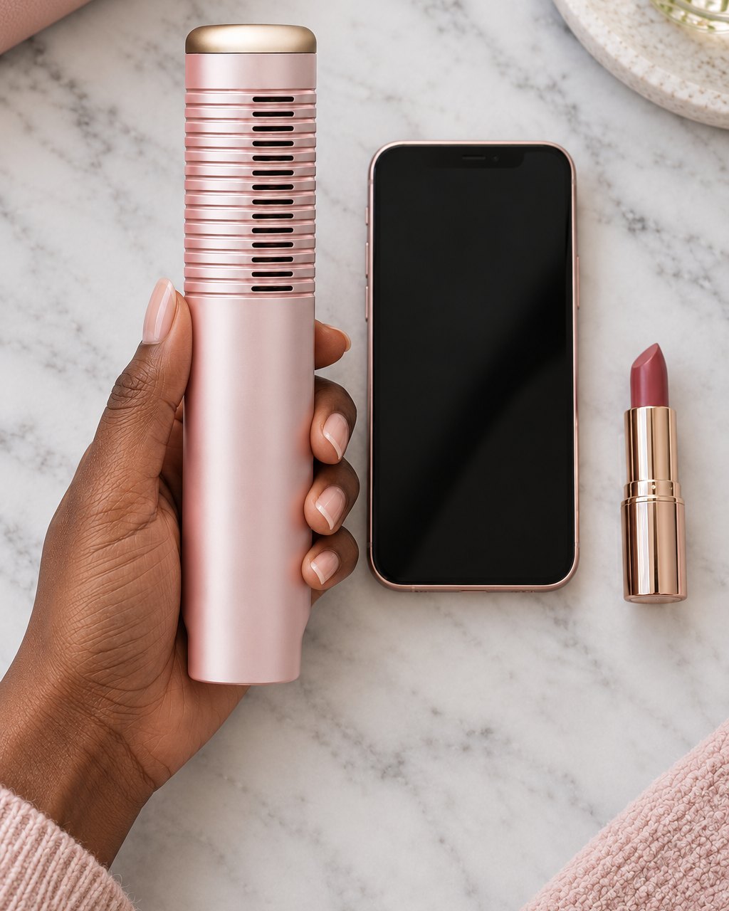 The comb held upright in one hand beside a lipstick and a phone