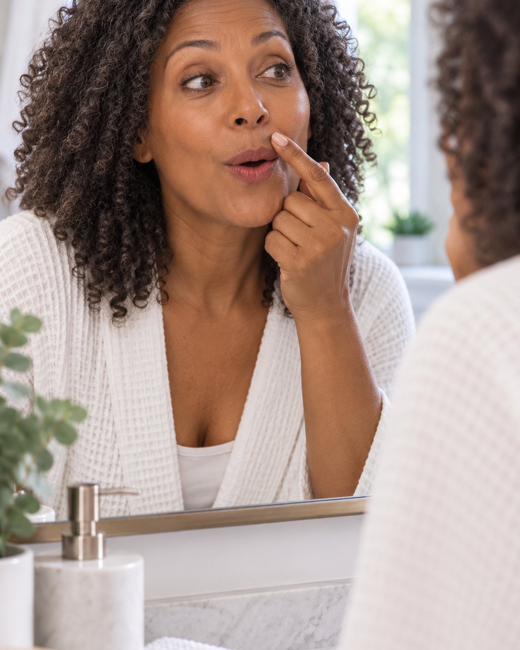 Woman leaning into a window-lit mirror, noticing fine hair on her upper lip