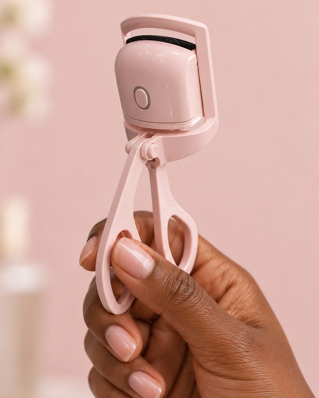 The heated curler held by its handles in one hand, the size of a regular lash curler