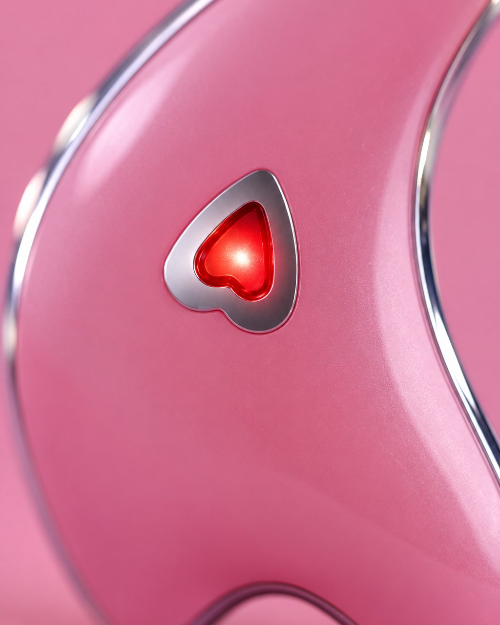 Close-up of the heart button glowing red on the glossy pink gua sha
