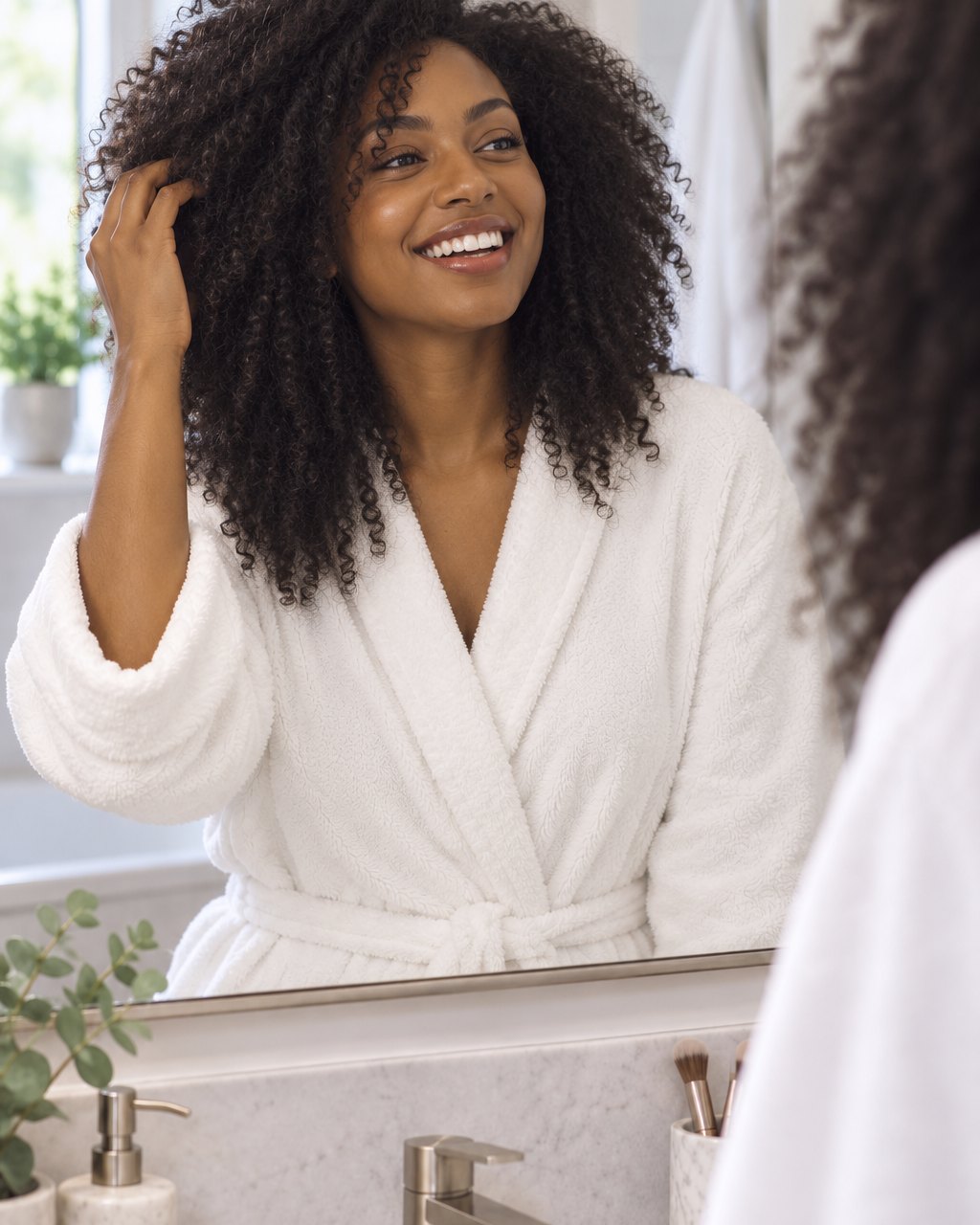 A woman in a bathrobe laughs at her frizzy morning hair in the mirror