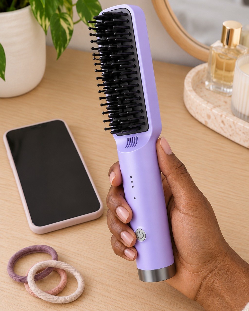 The brush held in one hand next to a phone and hair ties on a dresser