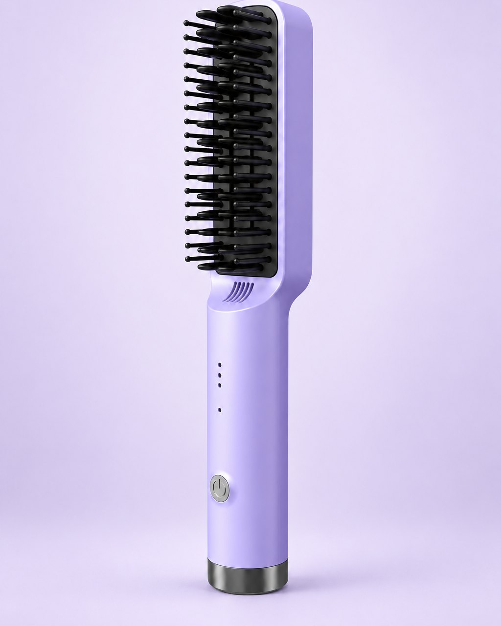 Purple heated straightening brush with black bristles