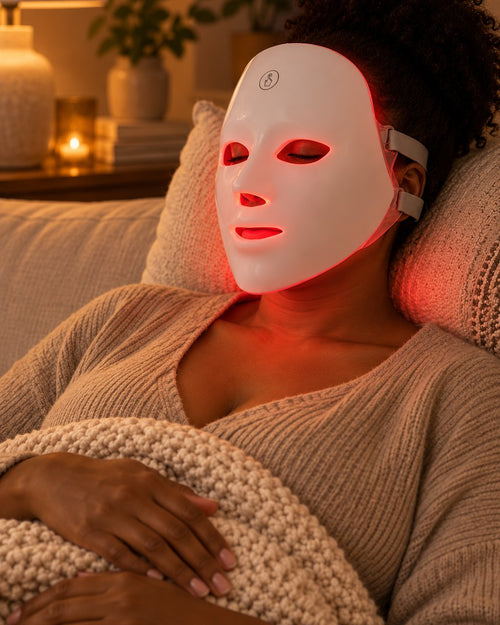 Woman lying back on a sofa wearing the white LED mask, glowing soft red, eyes closed