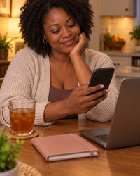 Busy woman at her kitchen table with a packed planner and no time for a spa day