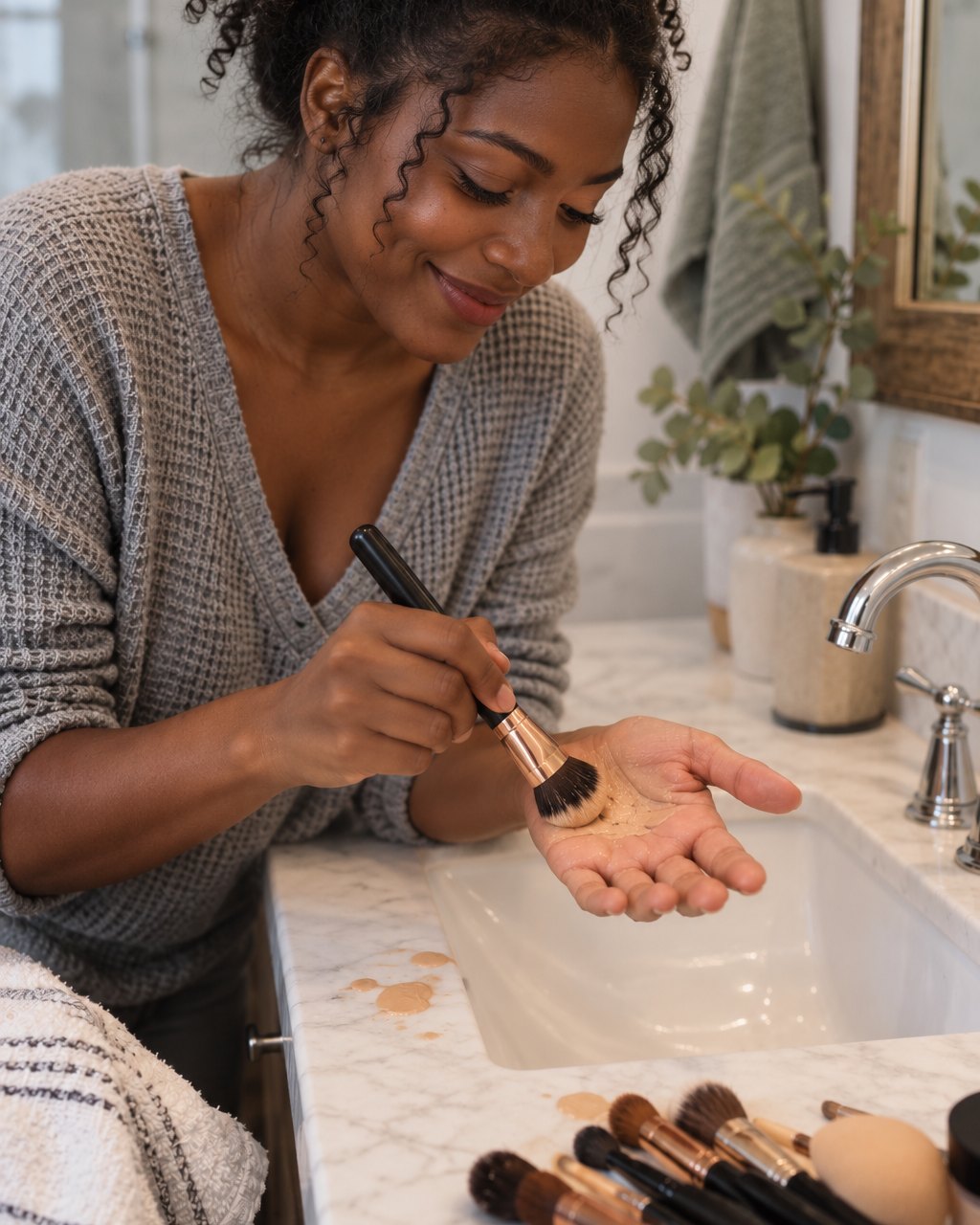 Woman rubbing a stained makeup brush on her palm over a messy sink