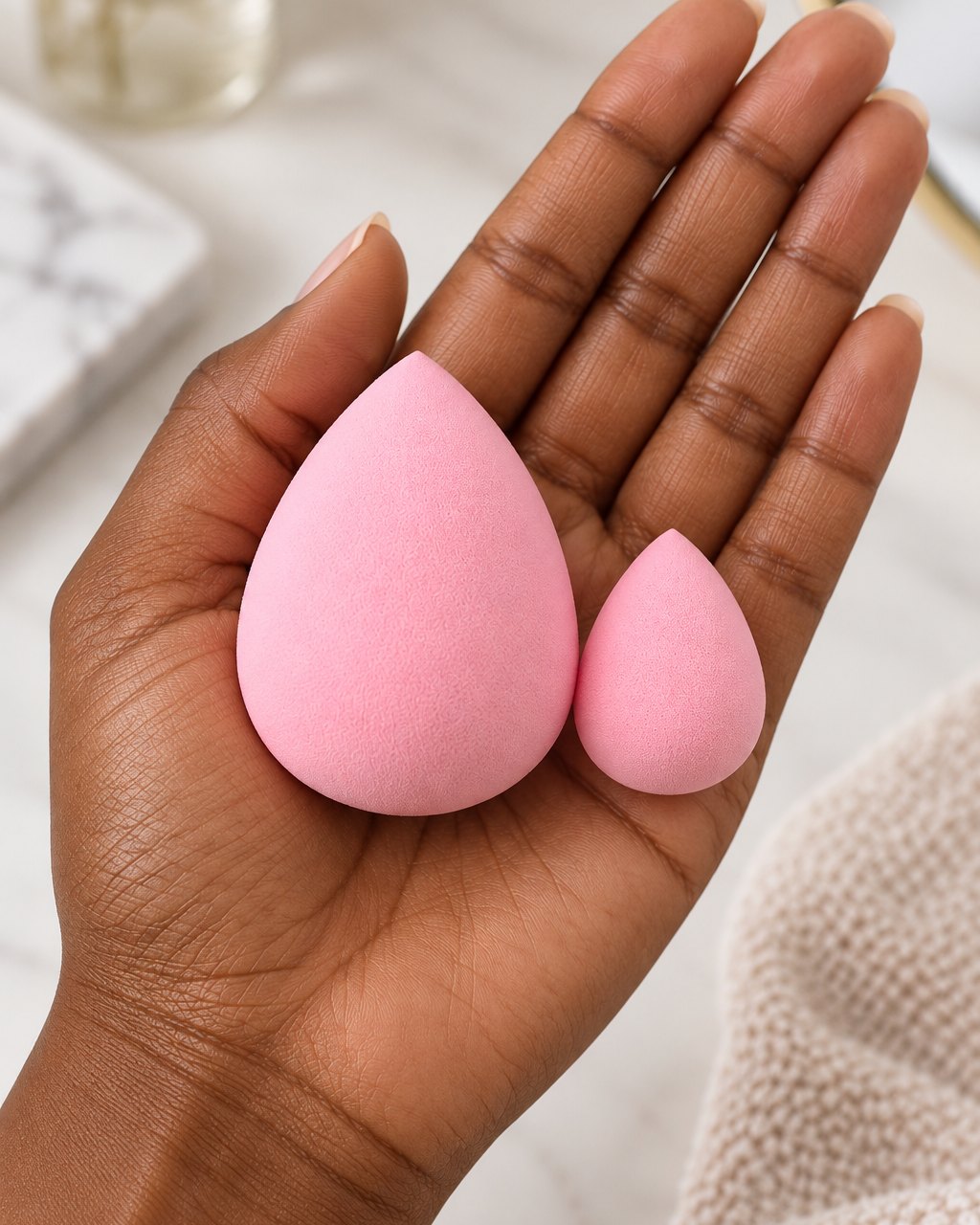 A teardrop sponge and a mini sponge resting in an open palm
