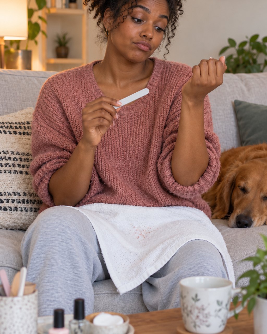 Woman filing her nails by hand with an emery board, looking tired of it