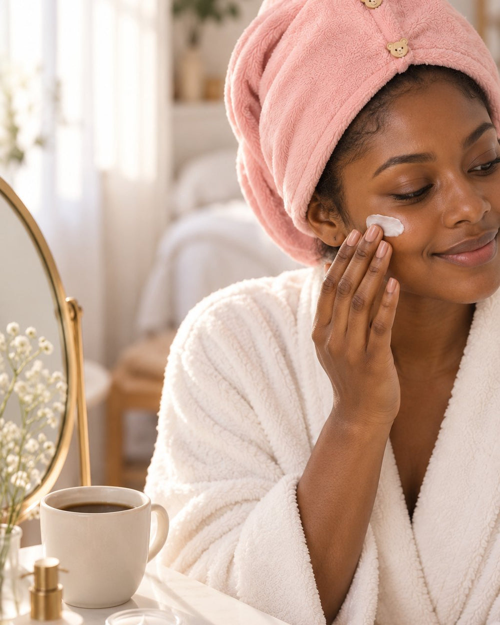 A woman wearing the buttoned towel wrap does her skincare at a vanity