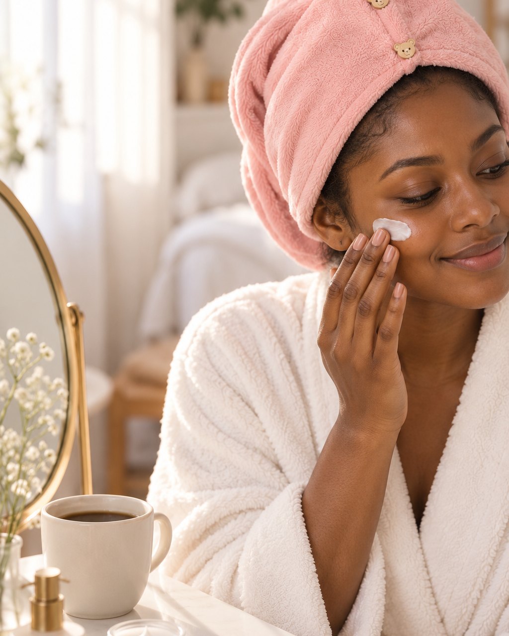 A woman wearing the buttoned towel wrap does her skincare at a vanity
