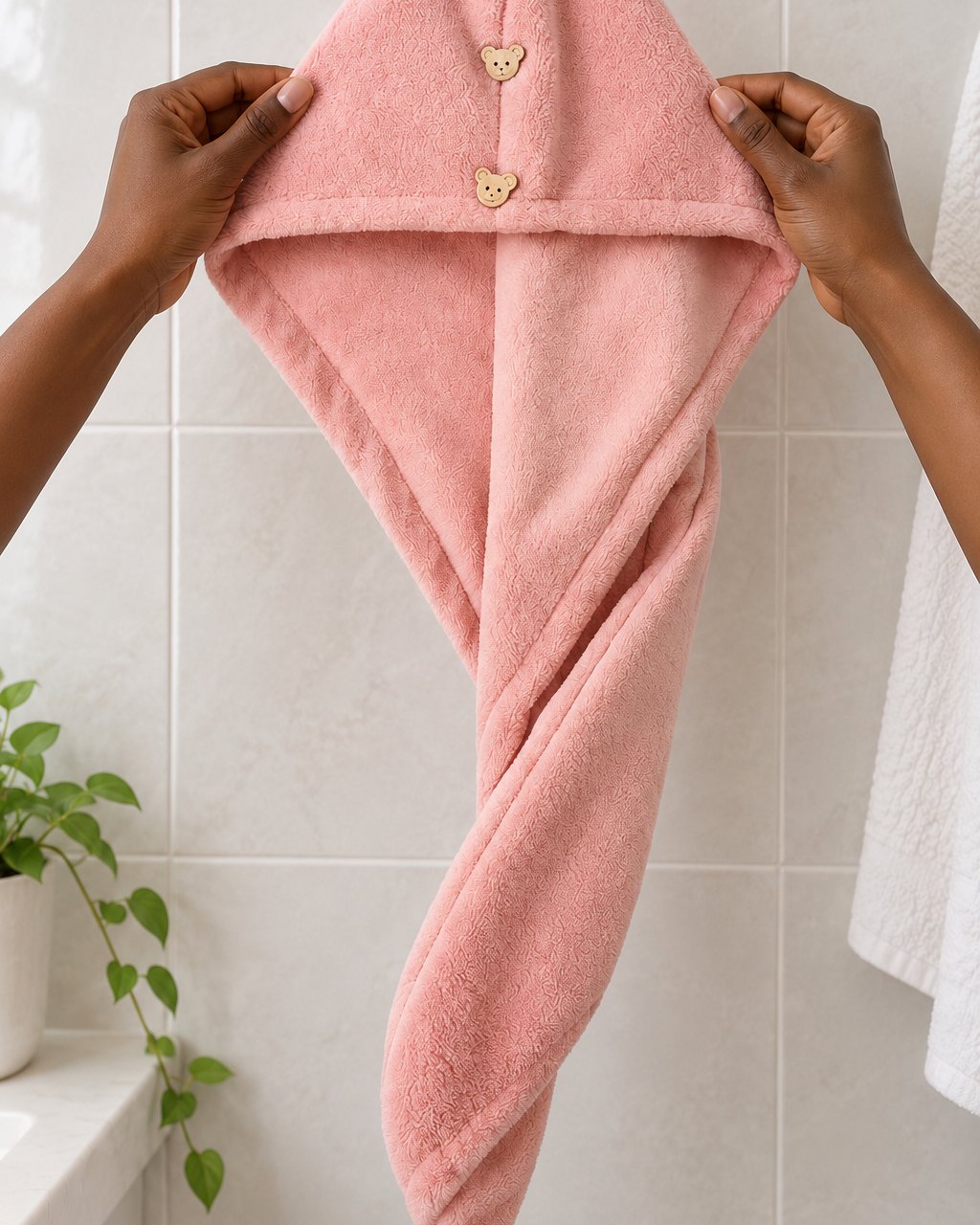 Two hands hold the towel wrap up flat, showing its full length and hood