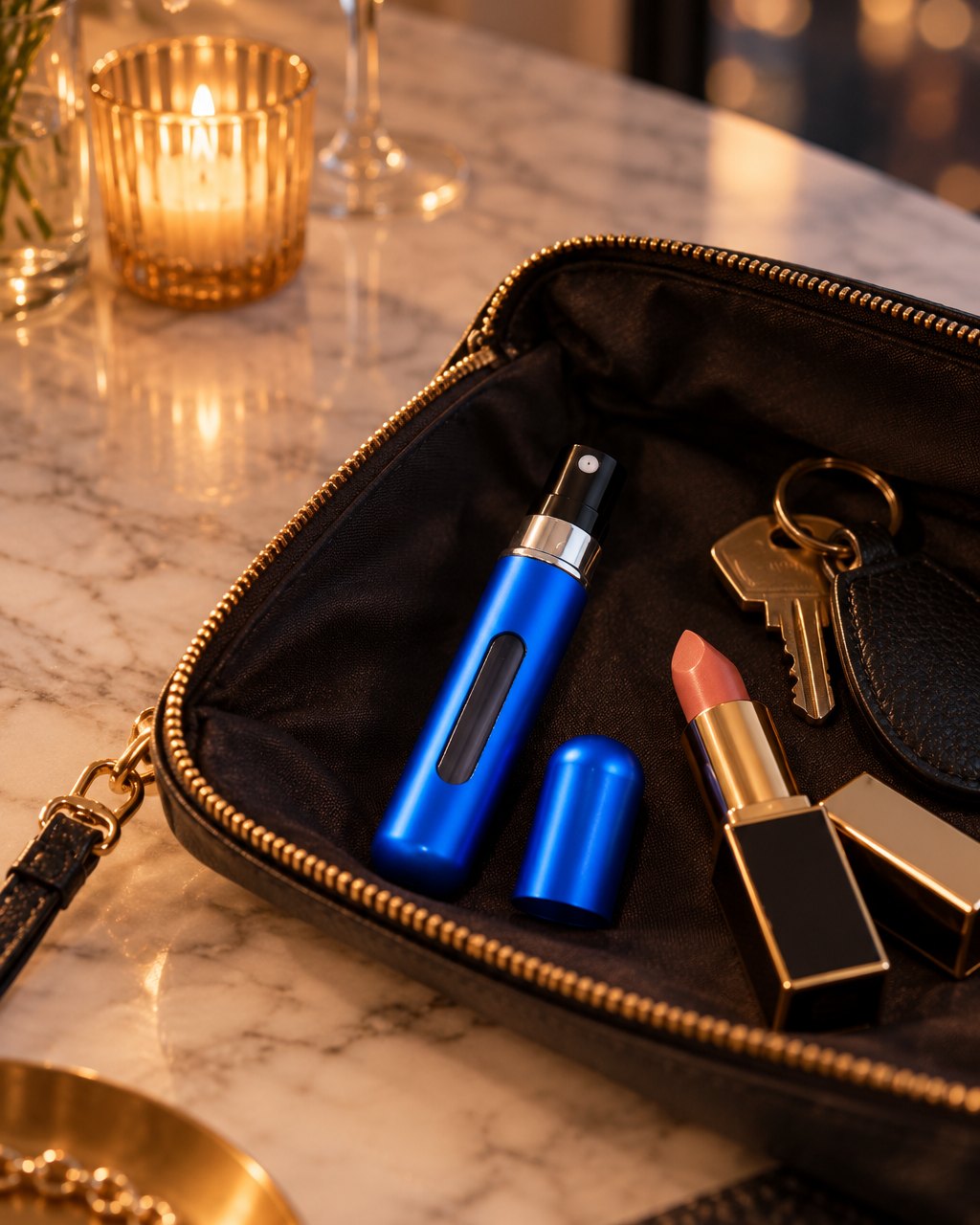 Blue atomizer in an open clutch with lipstick and keys