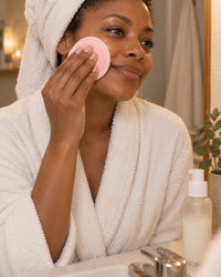 Woman sweeping a soft pink round across her cheek in the evening