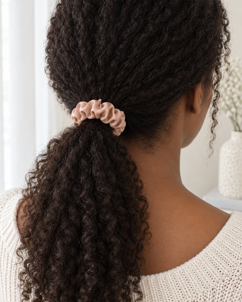 Woman's low ponytail tied with a blush satin scrunchie