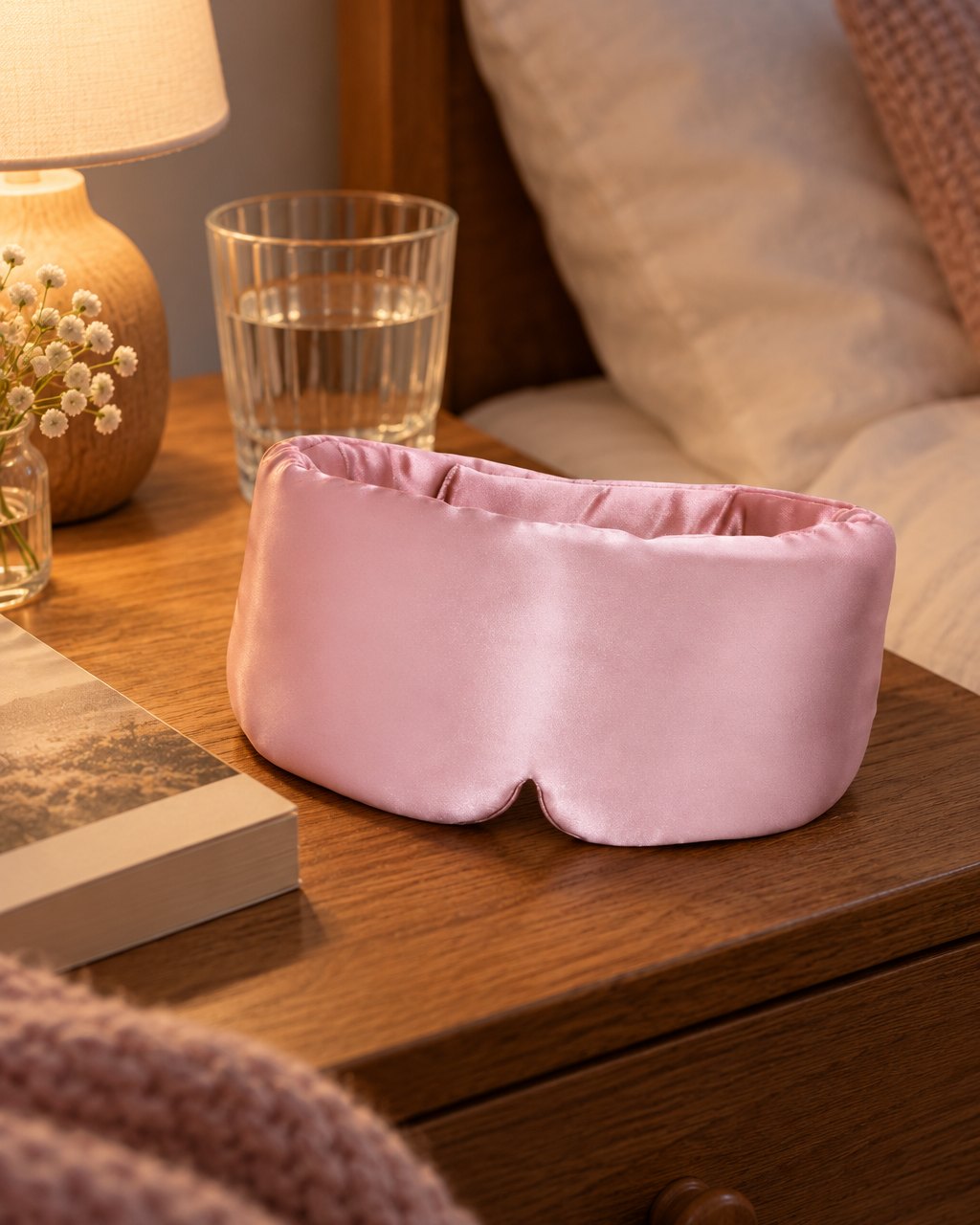 Pink sleep mask on a bedside table next to a book and a glass of water