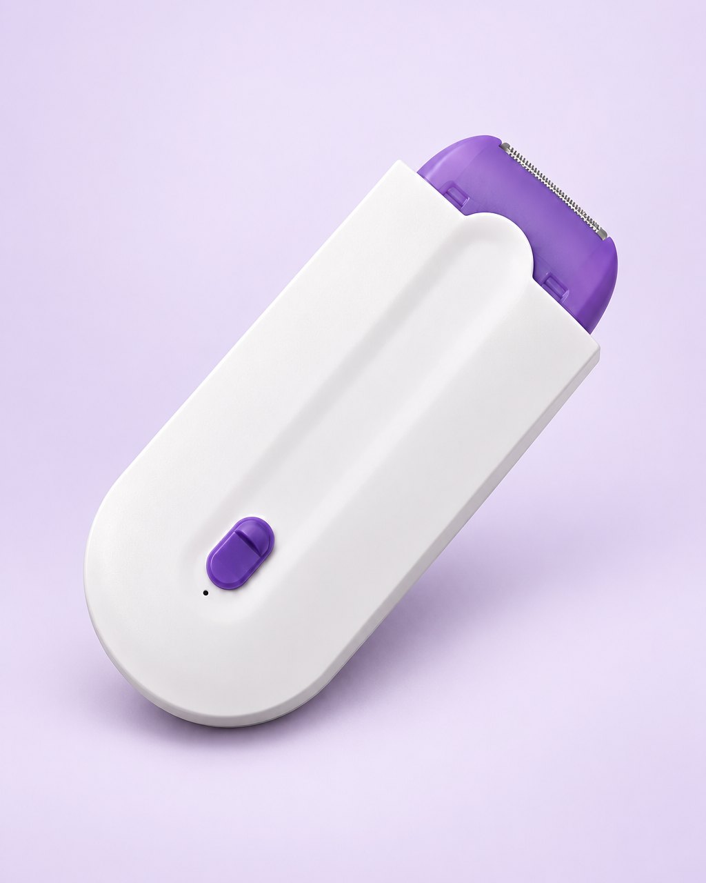 Palm-sized white hair remover with a purple head