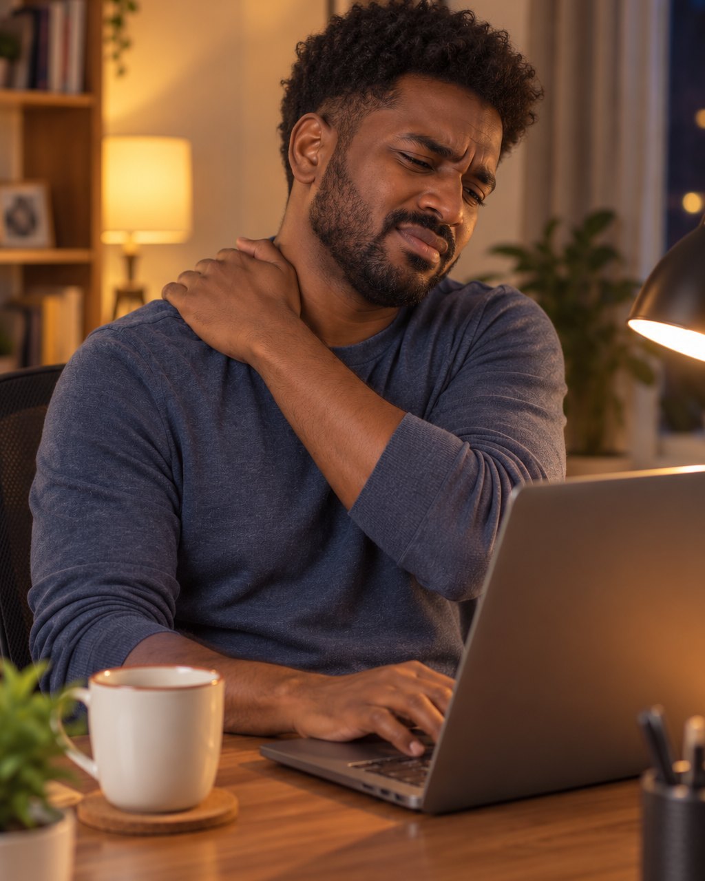 Man at a laptop late in the evening rubbing his tight shoulder