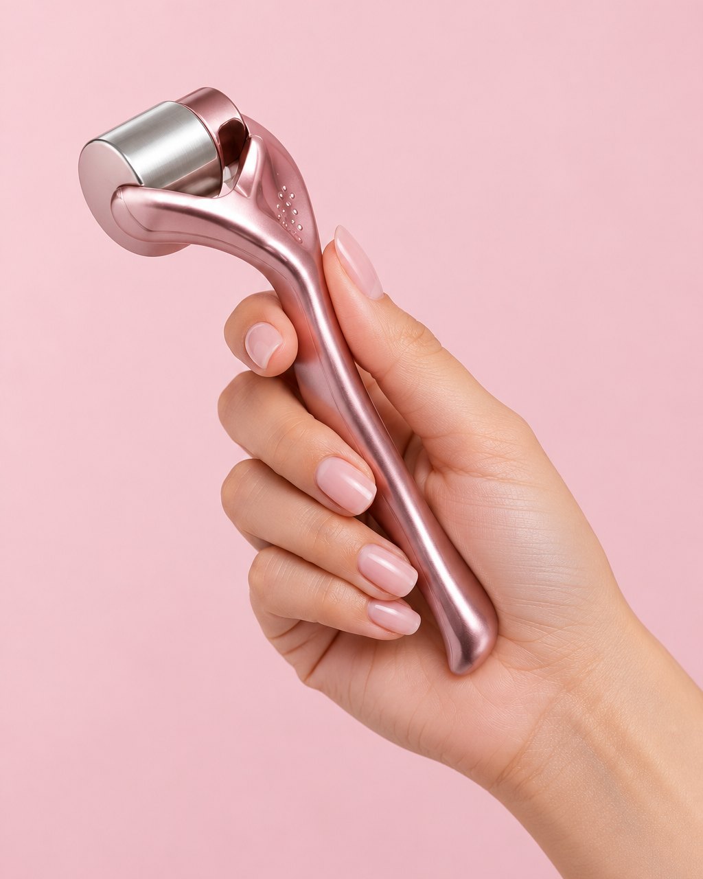 The ice roller held by its curved handle in one hand