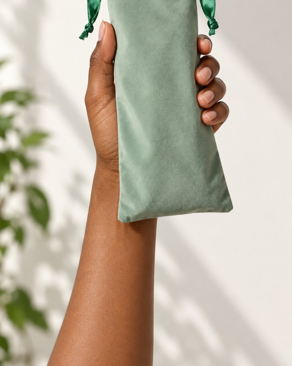 The closed drawstring pouch held in one hand
