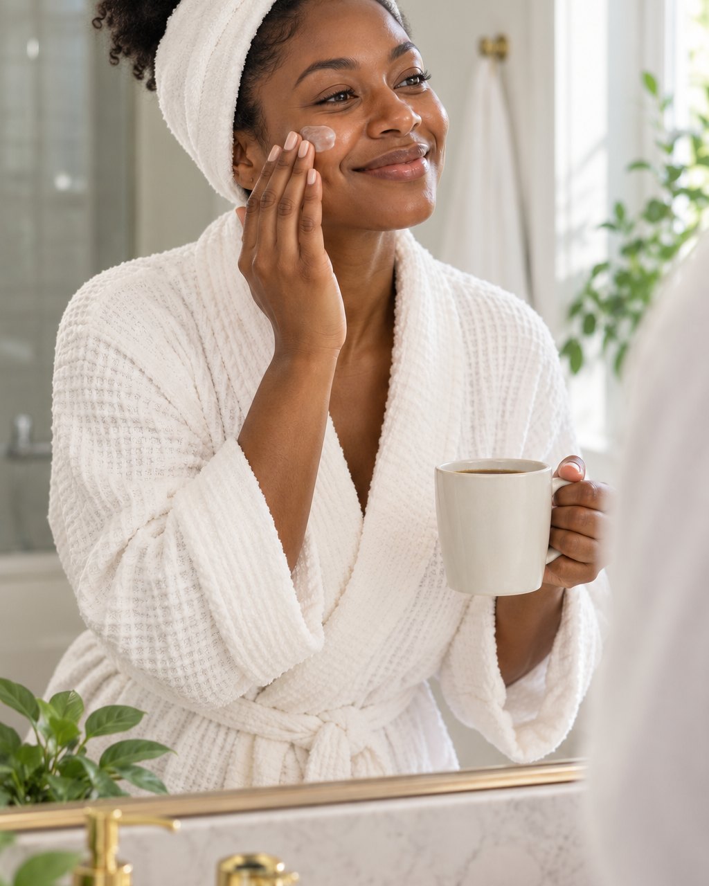 Woman rushing her skincare at the mirror with a coffee in hand